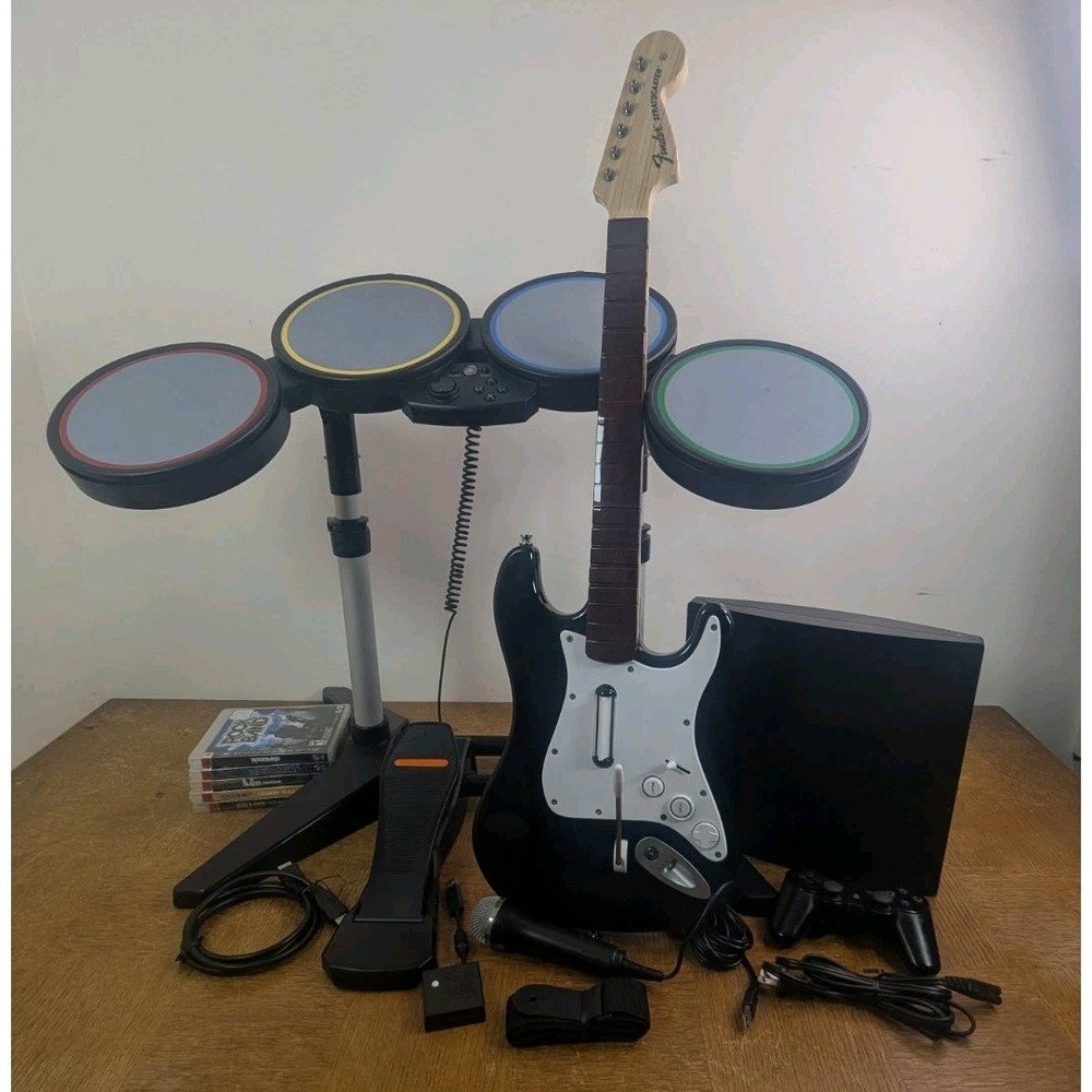 Sony Playstation 3 PS3 CECH-2501A Console + Rockband Bundle Drums Guitar Games